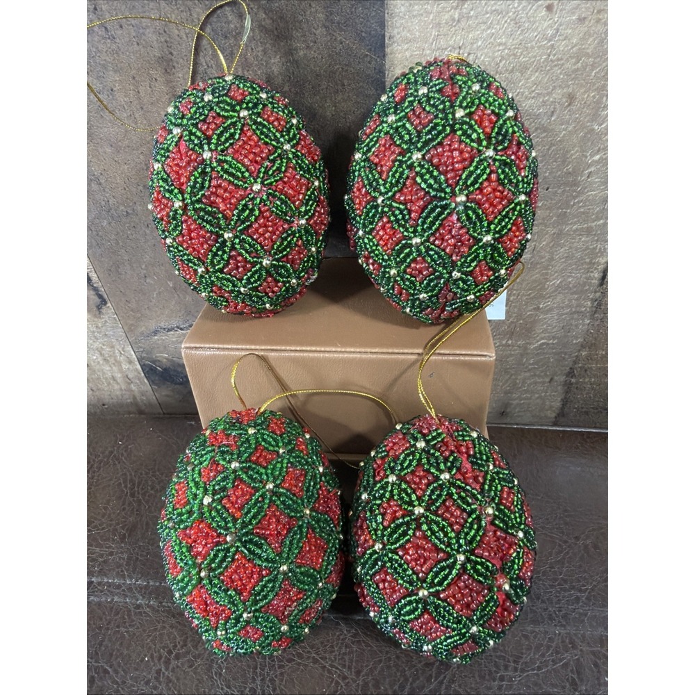 Lot 4 Vtg Hand Beaded Seed Bead Egg Christmas Tree Ornaments Red Green Geometric